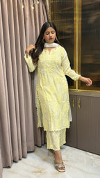 Yellow Jasmin crepe cutwork set with mukesh work