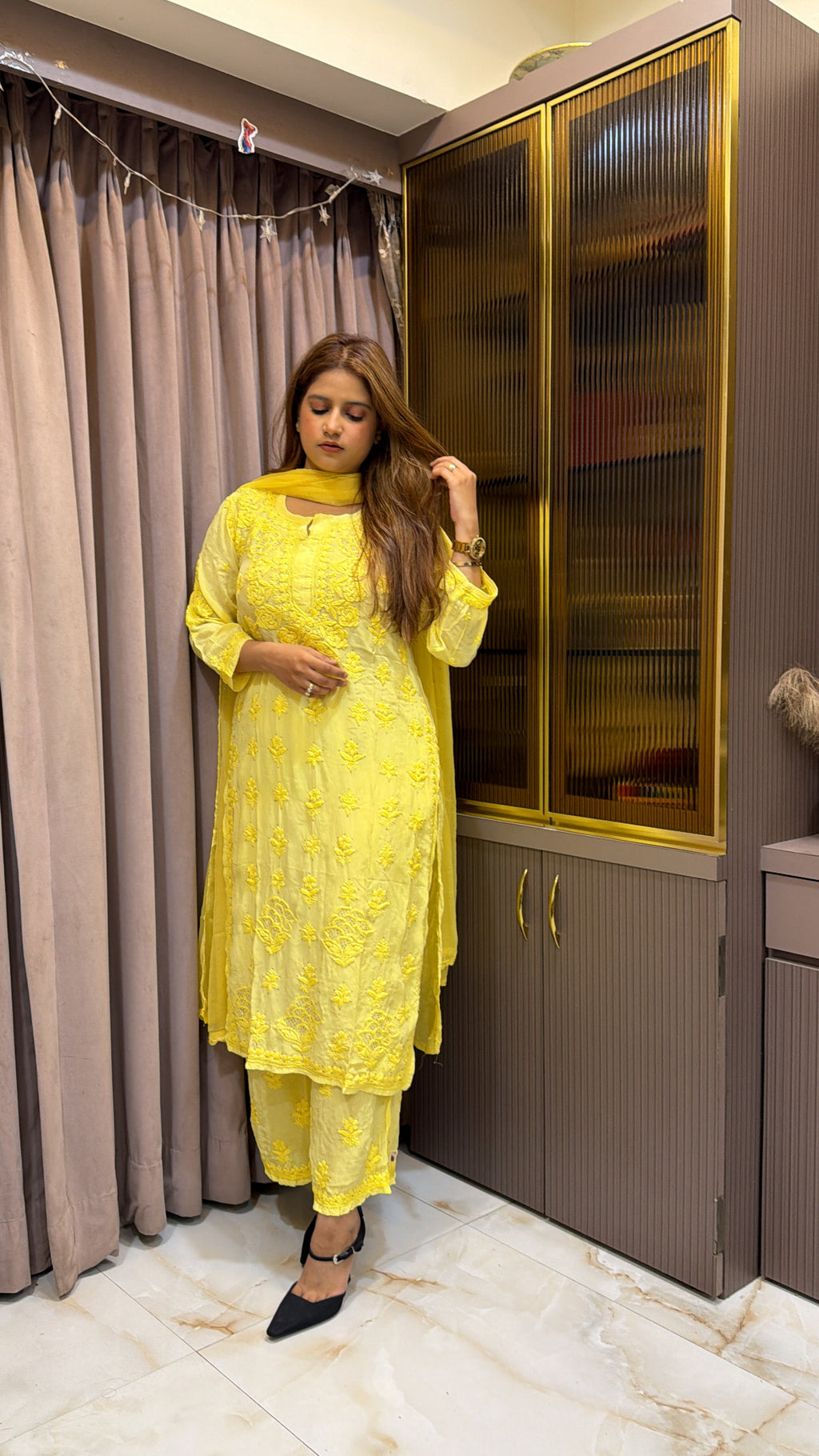 Yellow Pure crepe jasmin 2.0 mukesh work set