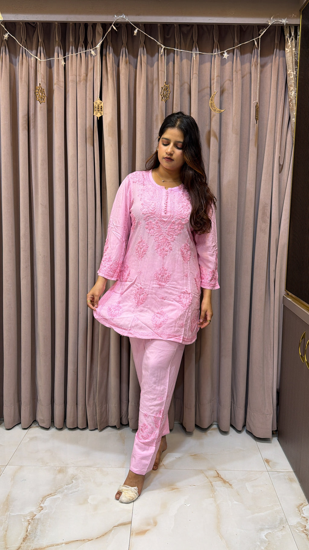 Baby Pink Rayon lucknowi pant co ord set
