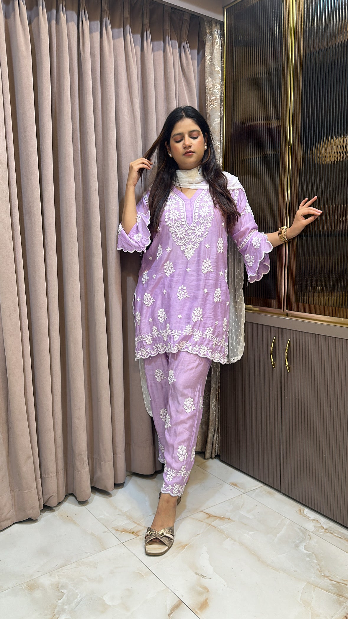 Purple Muslin cut work co ord