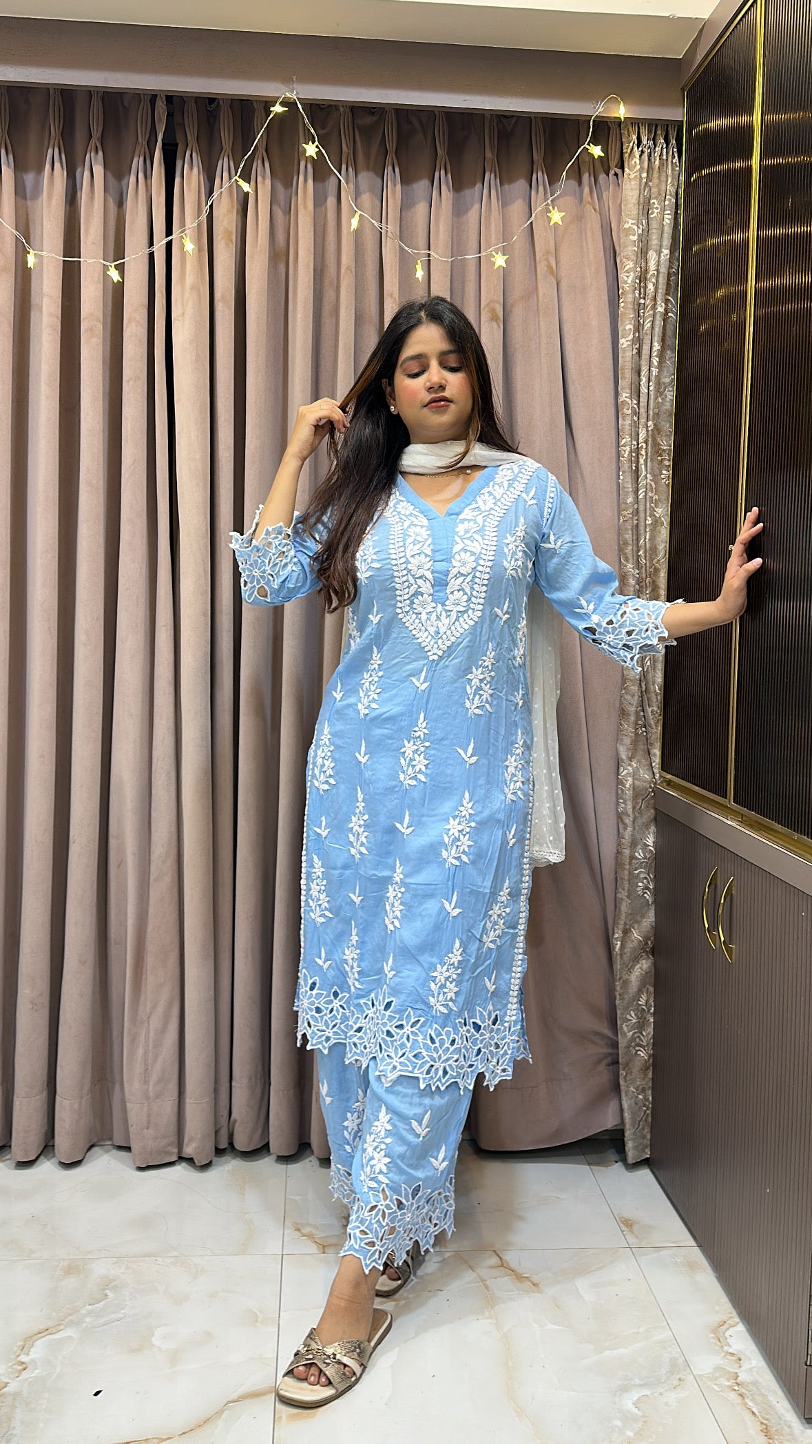 Ice blue Noori Pure modal cut work set
