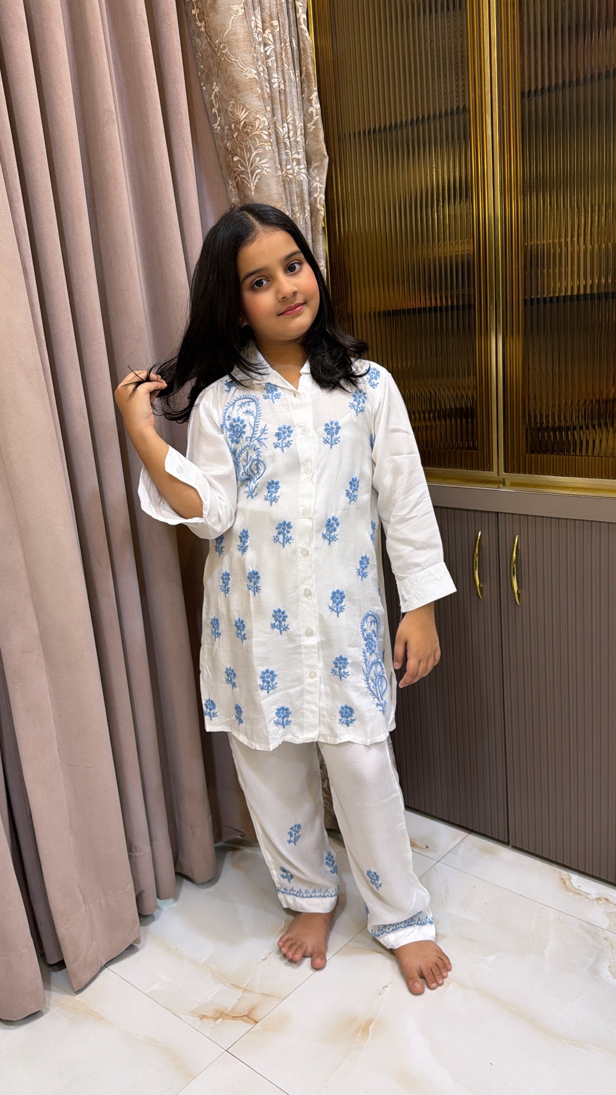 #2020 Blue Kids Rayon White with Coloured Co-Ord Set