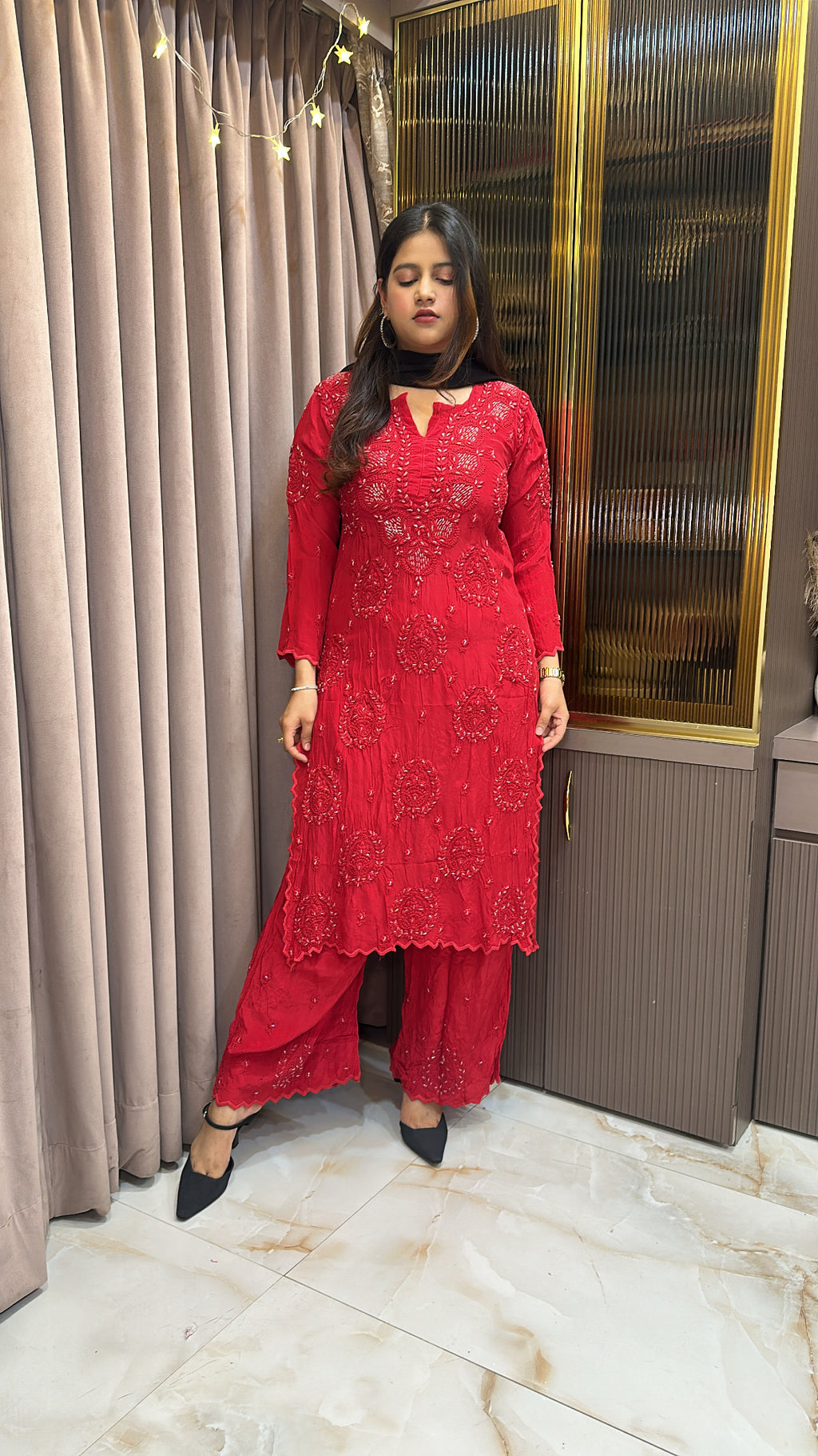 Red Jasmin crepe cutwork set with mukesh work