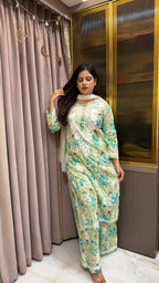 Mint Mul Printed Lucknowi Plazo Set