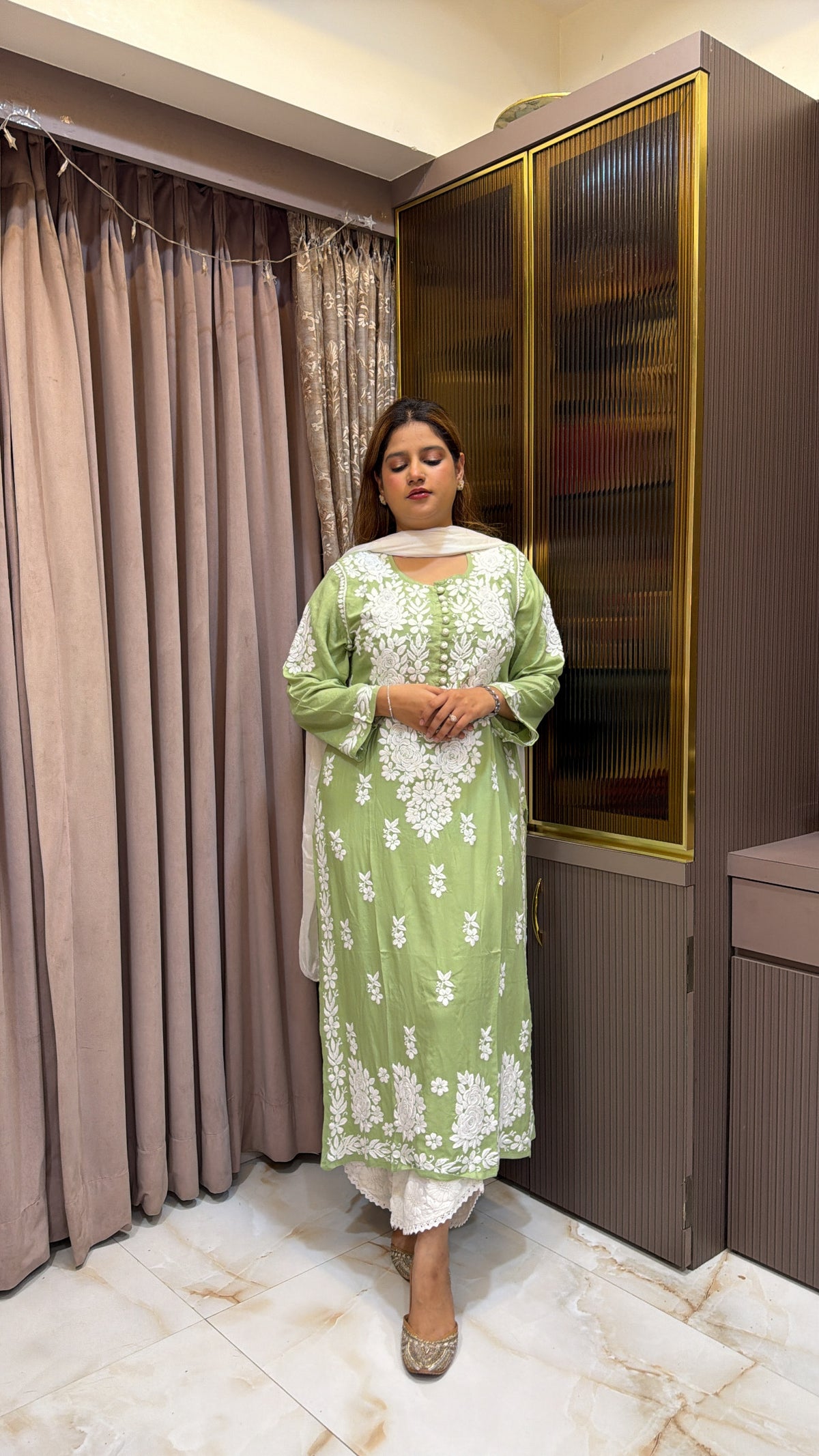 #2009 Green Rayon Lucknowi Handwork Kurti |  Ethnic Wear