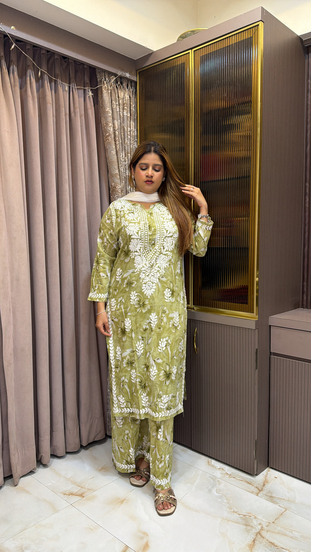#2010 Green Mulmul Printed Lucknowi Plazo Set | Needlecraft