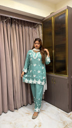 #2021 Seagreen Muslin Lucknowi Cutwork Co-Ord Set