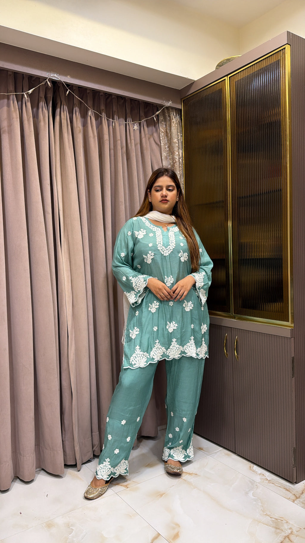 #2021 Seagreen Muslin Lucknowi Cutwork Co-Ord Set