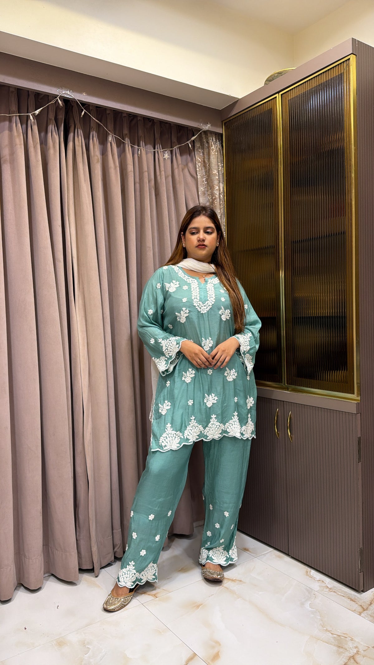 #2021 Seagreen Muslin Lucknowi Cutwork Co-Ord Set
