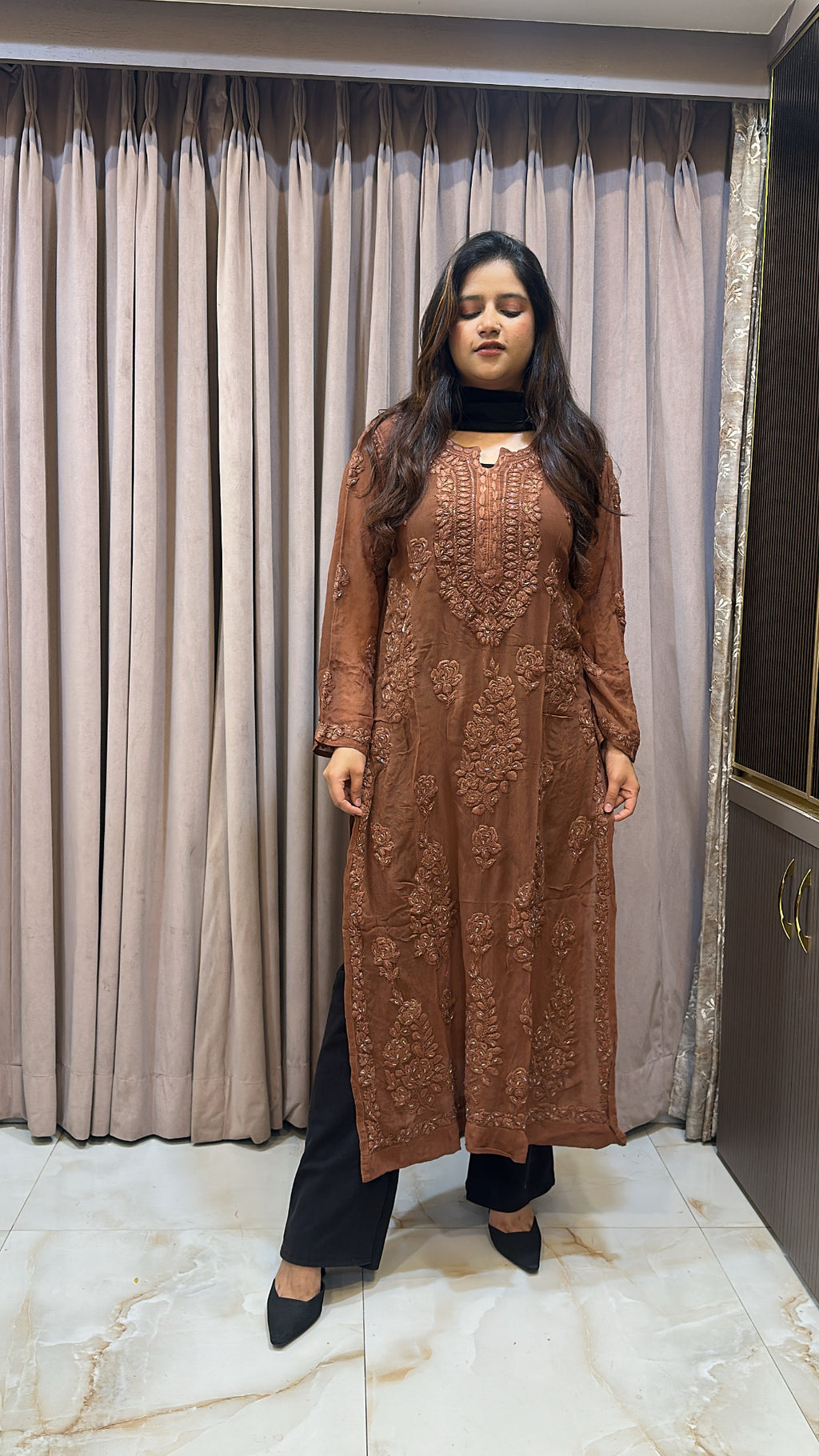 Brown Viscouse salli work kurti