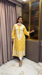 #2009 Yellow Rayon Handwork Lucknowi Kurti | Summer Ethnic Wear