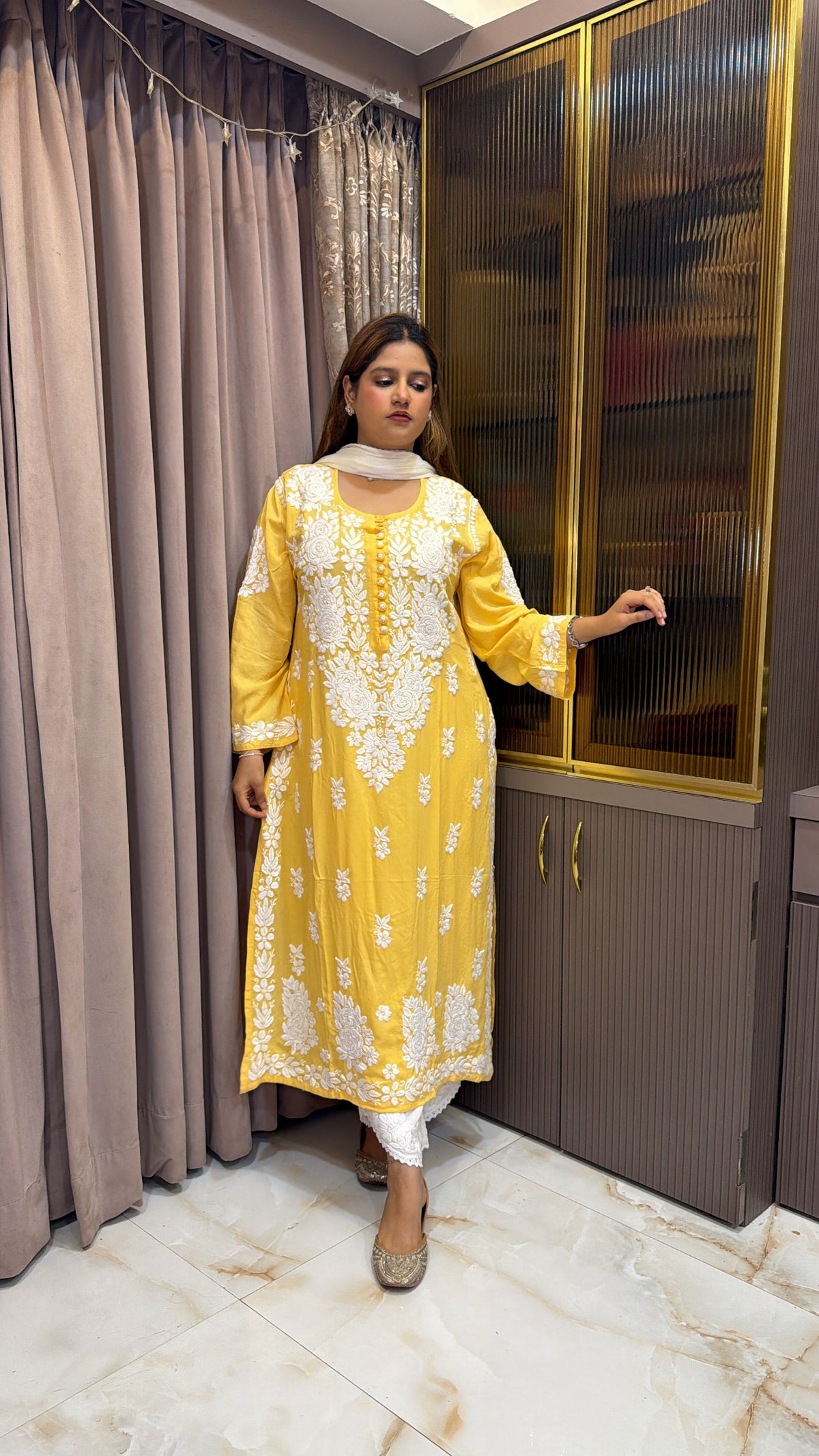 #2009 Yellow Rayon Handwork Lucknowi Kurti | Summer Ethnic Wear