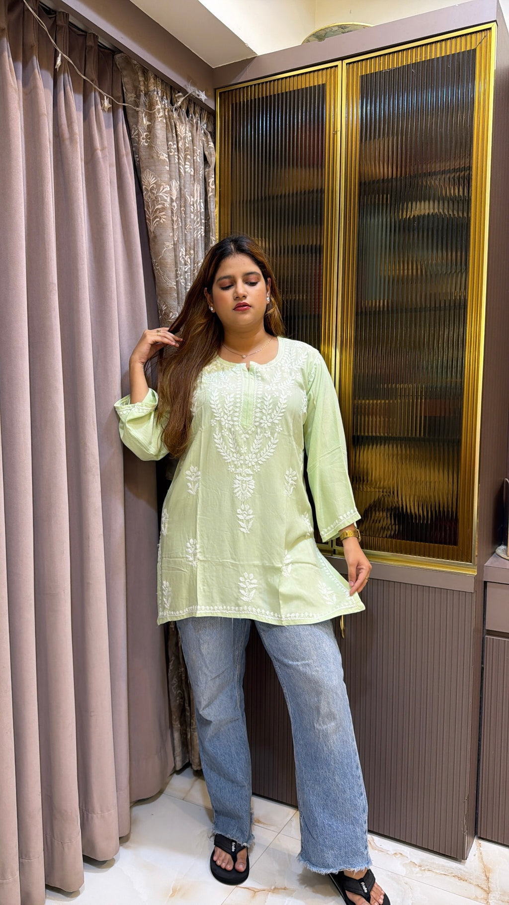 #2014 Light Green Pure Rayon Lucknowi Short Top