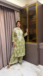 #2010 Green Mulmul Printed Lucknowi Plazo Set | Needlecraft