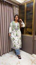 #2013 Purple & White Pure Rayon Lucknowi Kurti with Handwork