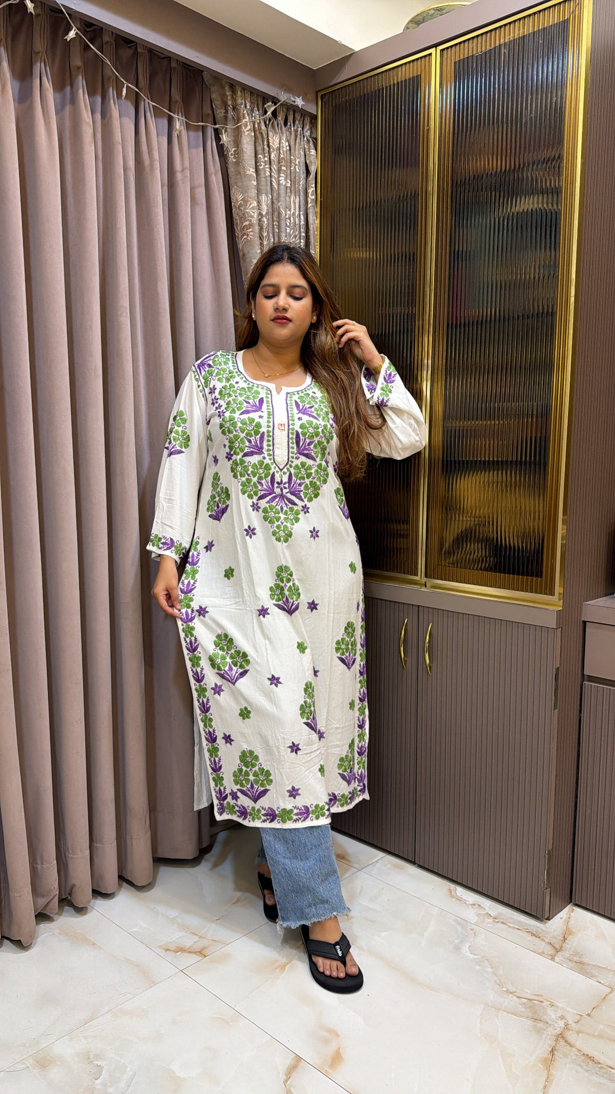 #2013 Purple & White Pure Rayon Lucknowi Kurti with Handwork