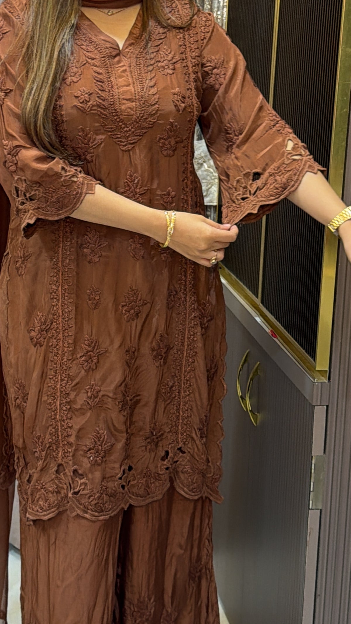 #2016 Brown Pure Crepe Cutwork Lucknowi Co Ord Plazo Set