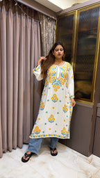 #2013 Yellow & White Pure Rayon Lucknowi Kurti with Handwork