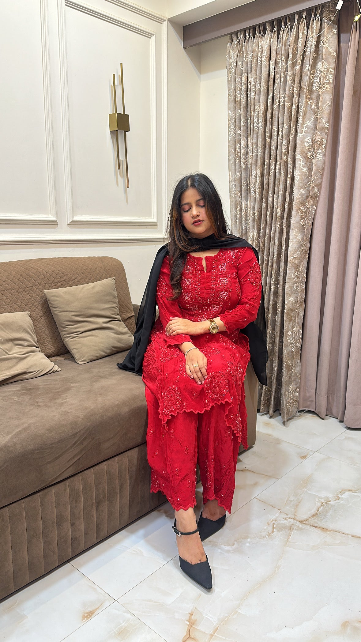 Red Jasmin crepe cutwork set with mukesh work