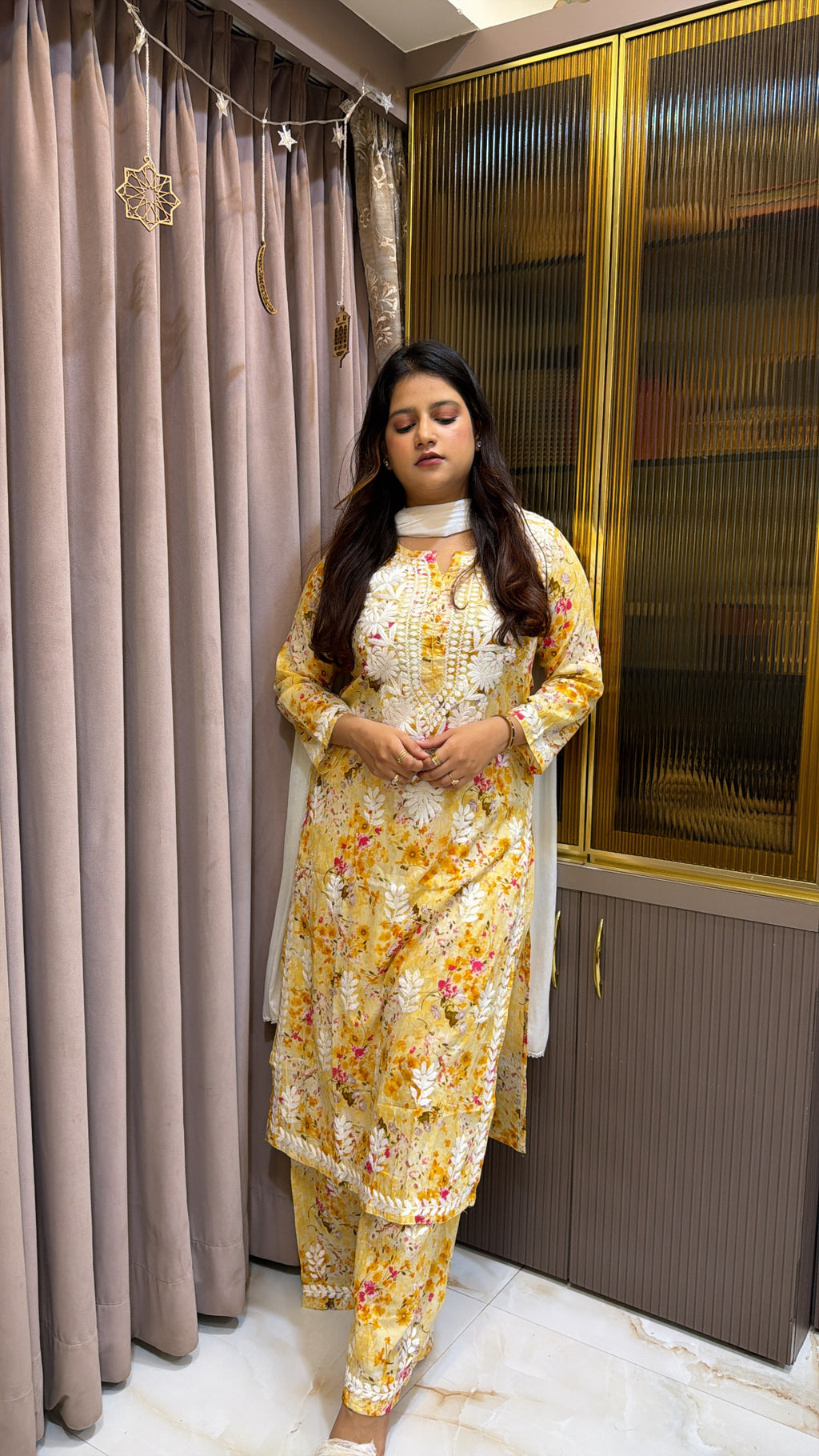 Yellow Mul Printed Lucknowi Plazo Set