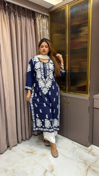 #2009 Navy Blue Rayon Lucknowi Chikankari Kurti | Pure Rayon Top