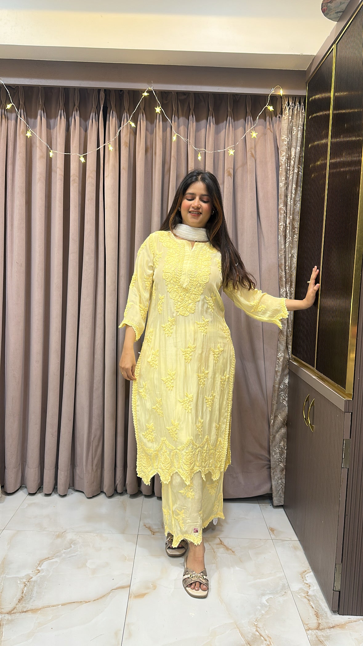 Yellow Pure crepe cut work set