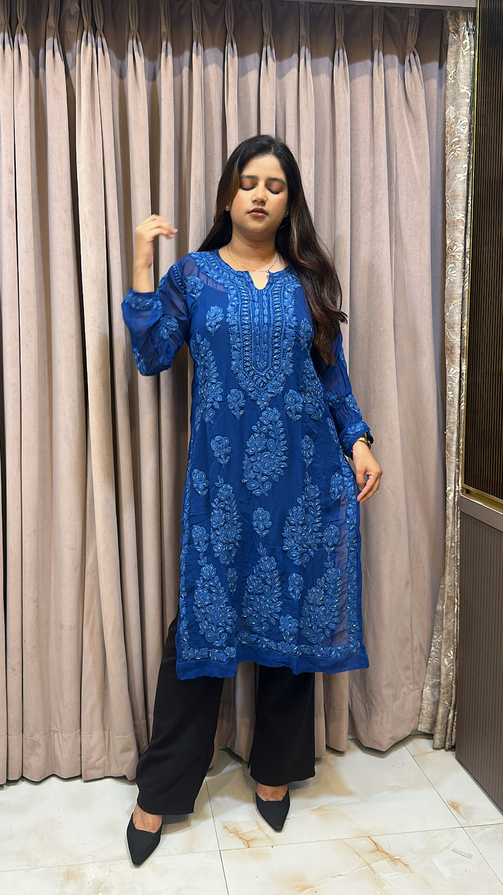 Blue Viscouse salli work kurti