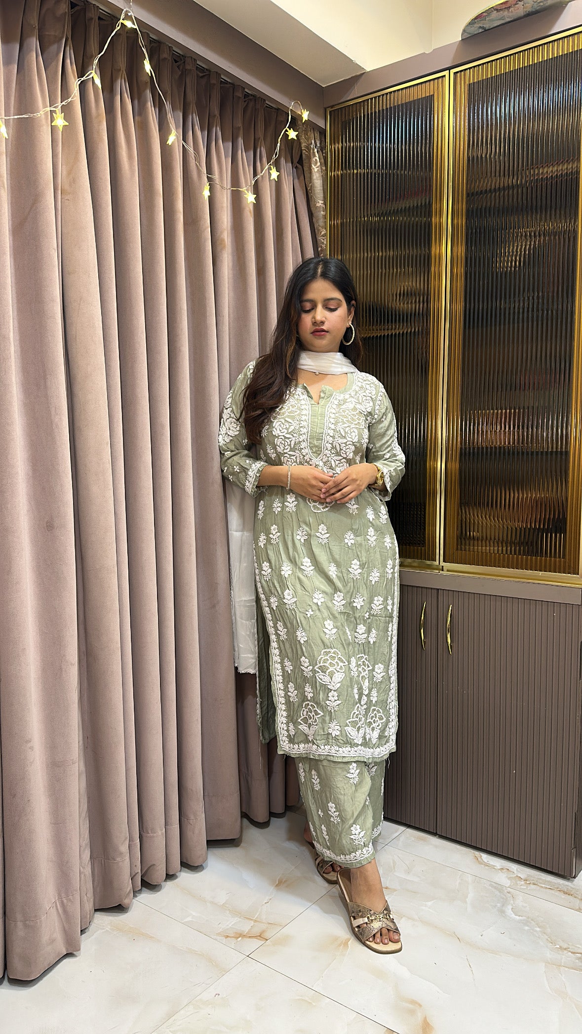 Green Pure muslin mukesh work set