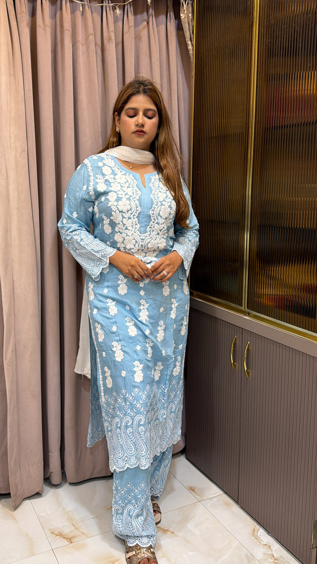 Iceblue Muslin chikan lucknowi work set