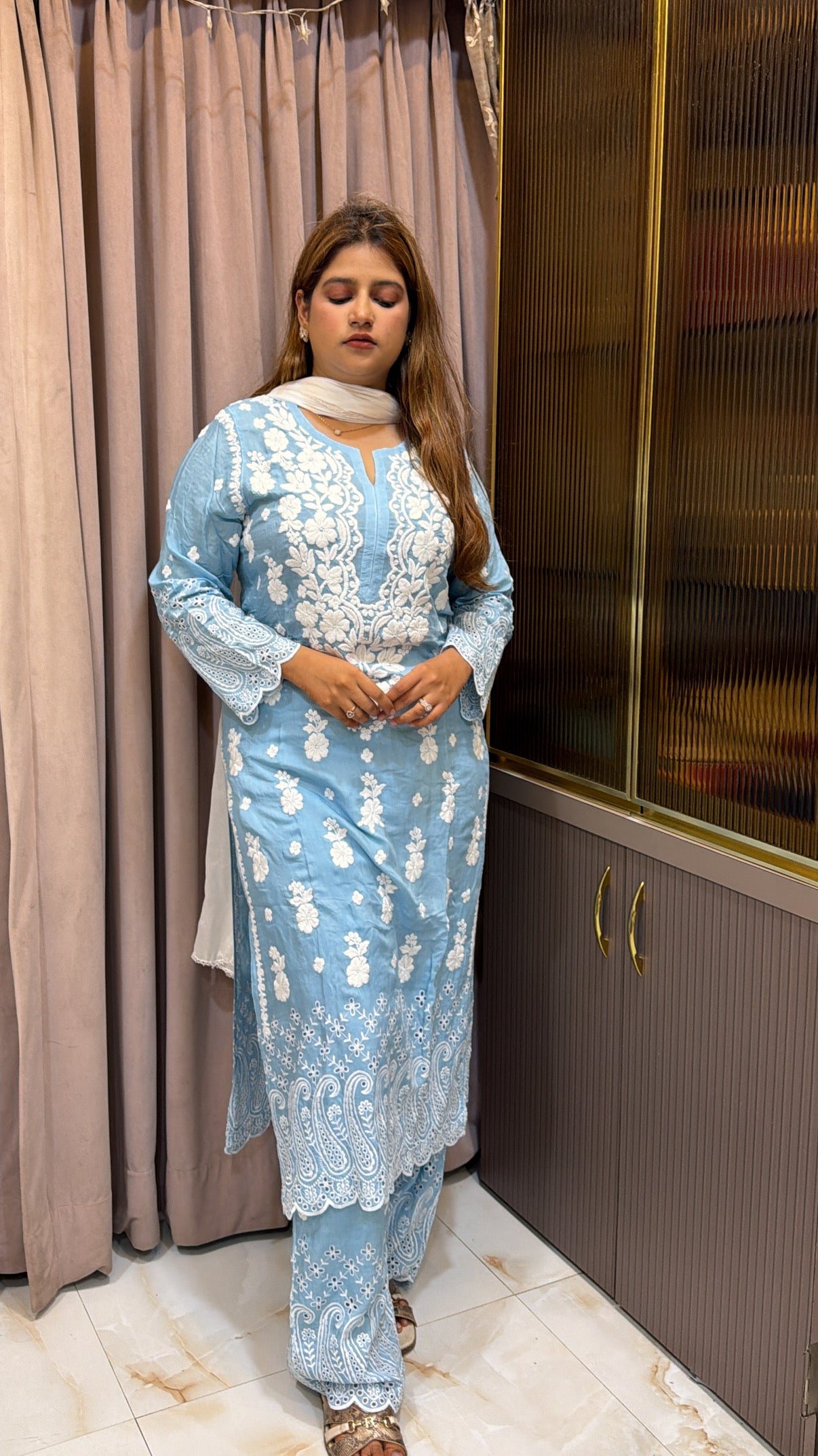 Iceblue Muslin chikan lucknowi work set