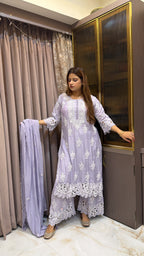#2017 Lavender Muslin Cutwork Three Piece Plazo Set