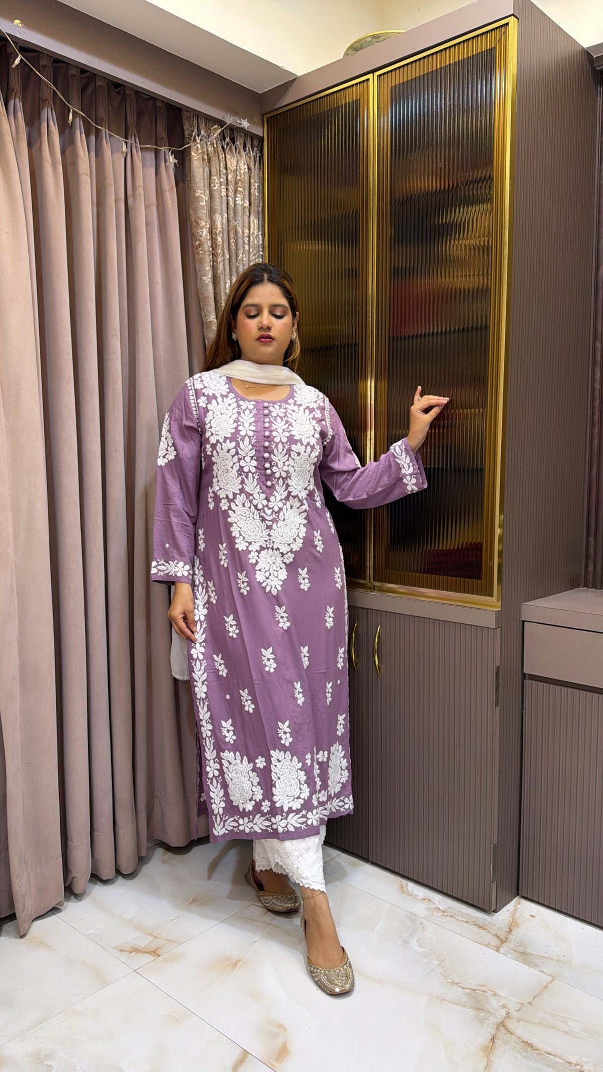 #2009 Dark Purple Lucknowi Kurti in Pure Rayon | Needlecraft