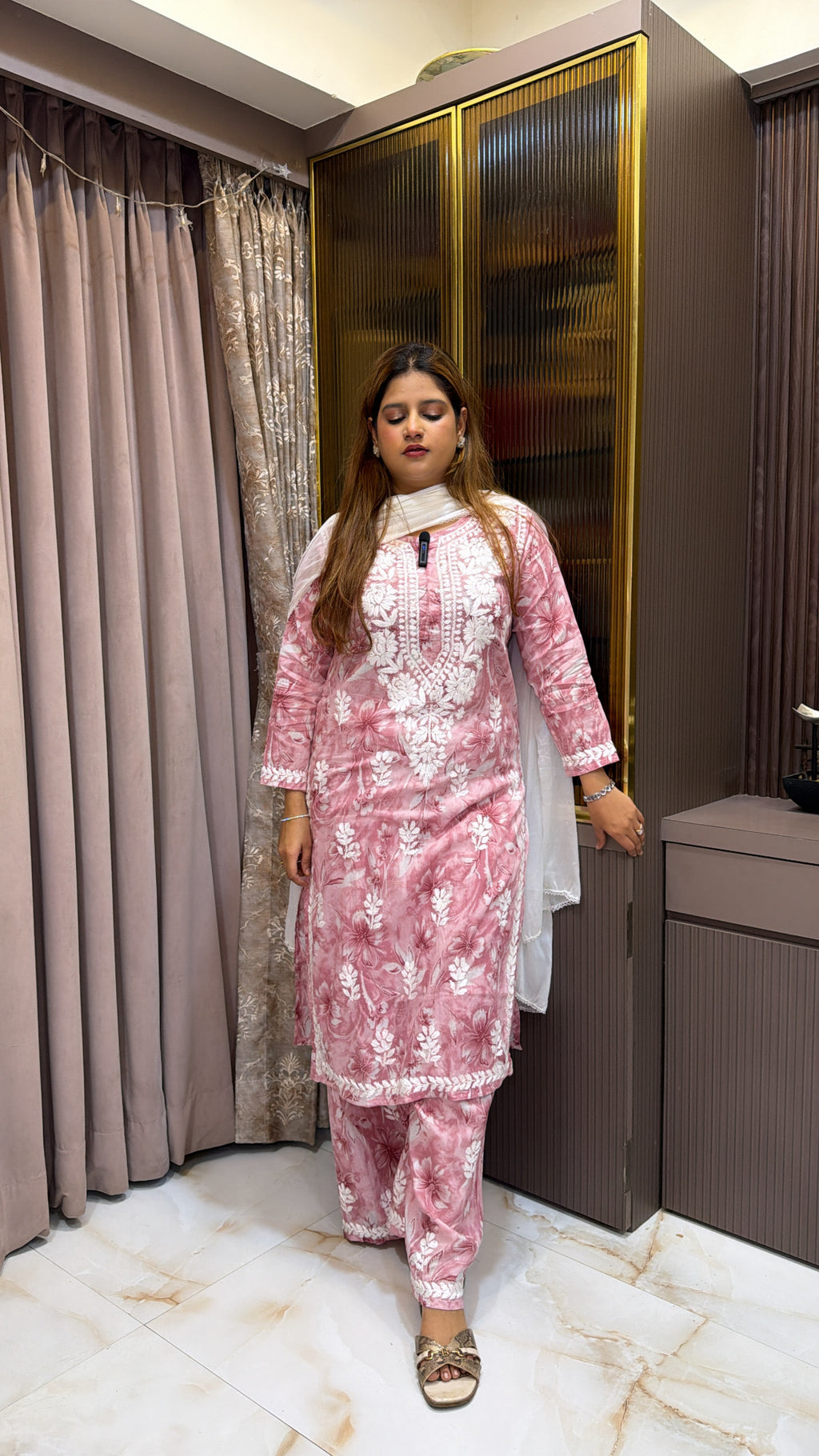 #2010 Onion Pink Lucknowi Plazo Set | Mul Printed Handwork