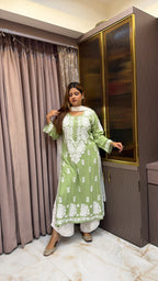 #2009 Green Rayon Lucknowi Handwork Kurti |  Ethnic Wear