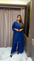 #2016 Royal Blue Pure Crepe Cutwork Lucknowi Co Ord Plazo Set