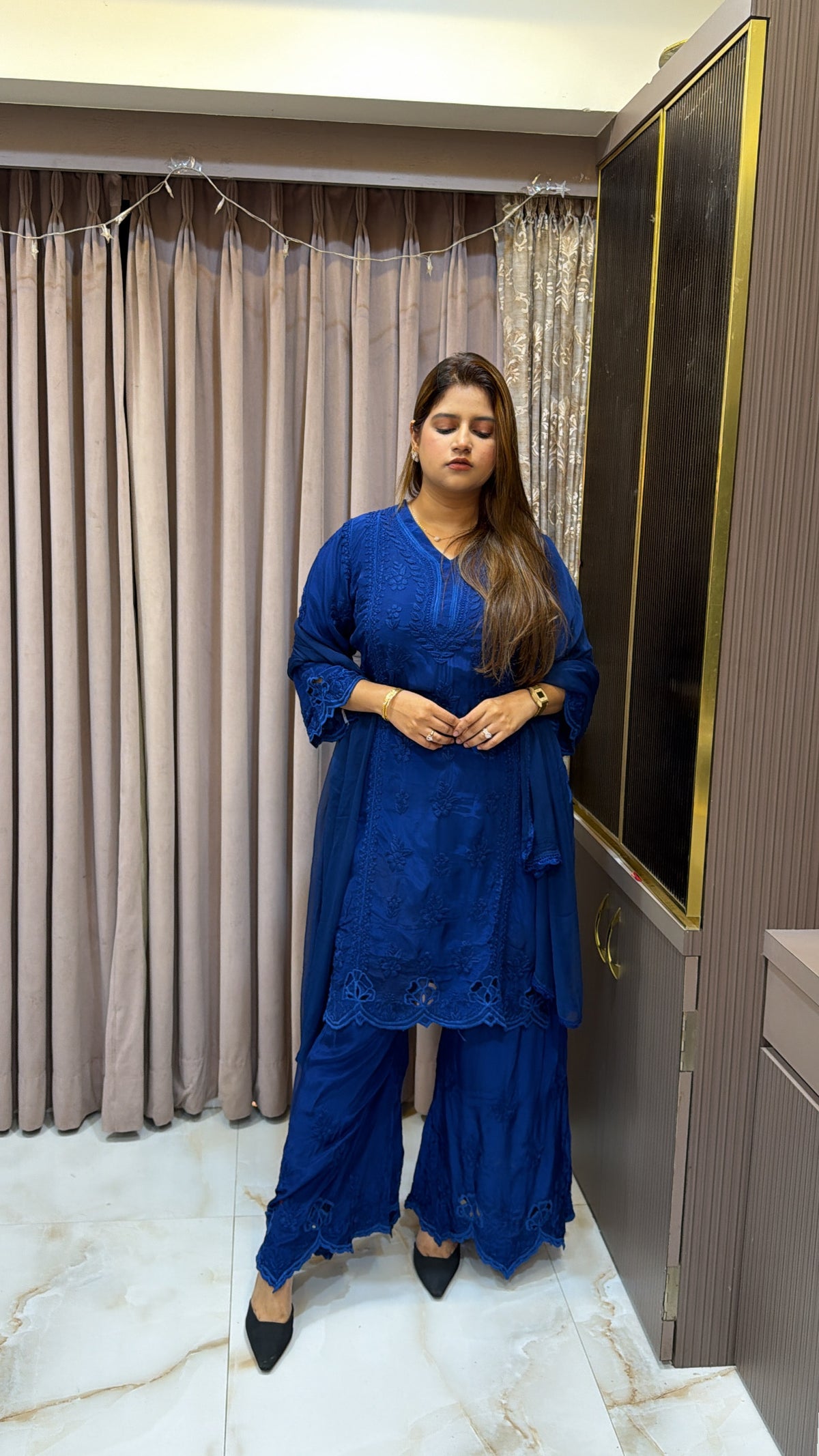 #2016 Royal Blue Pure Crepe Cutwork Lucknowi Co Ord Plazo Set