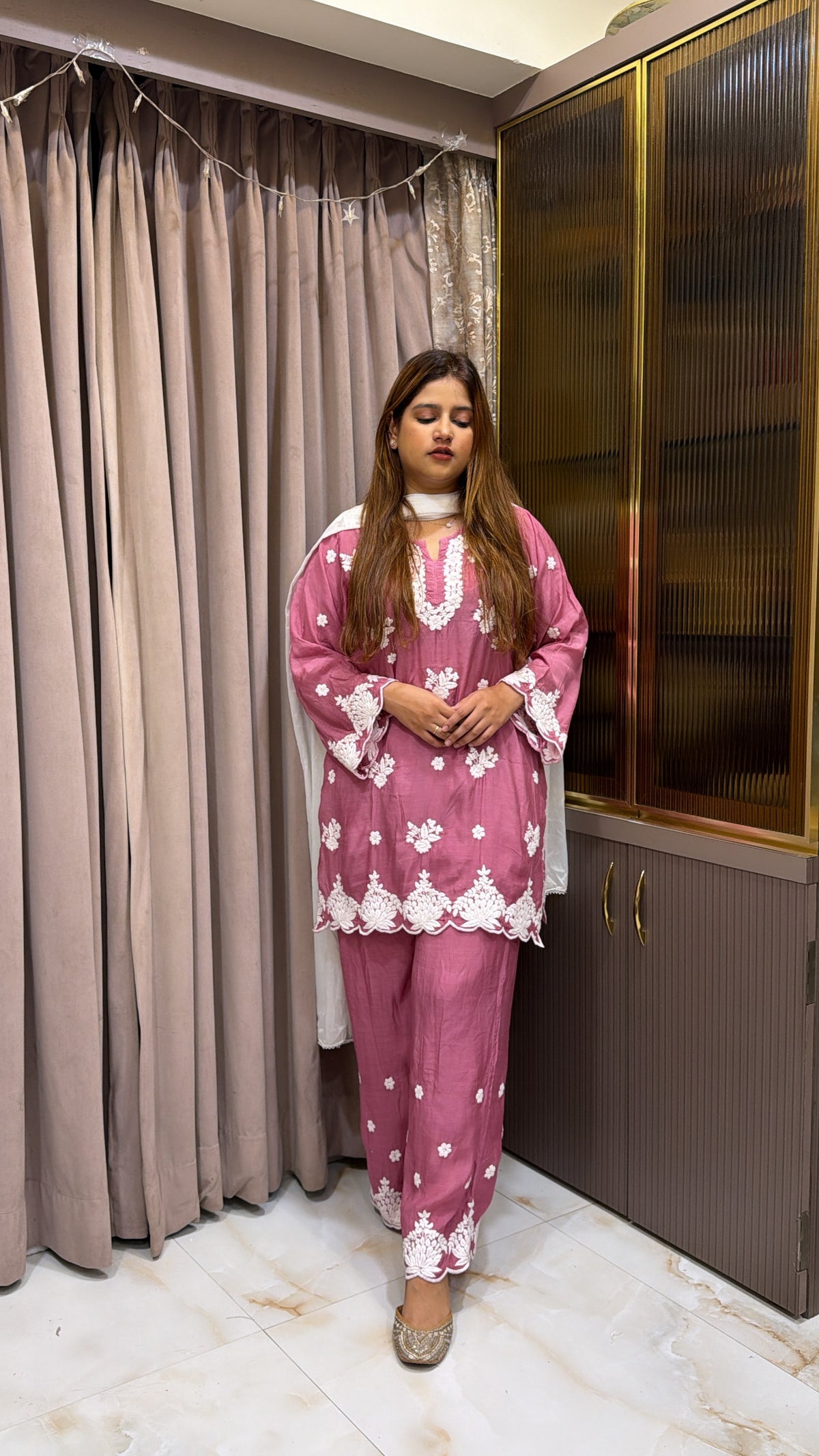 #2021 Blush Muslin Lucknowi Cutwork Co-Ord Set