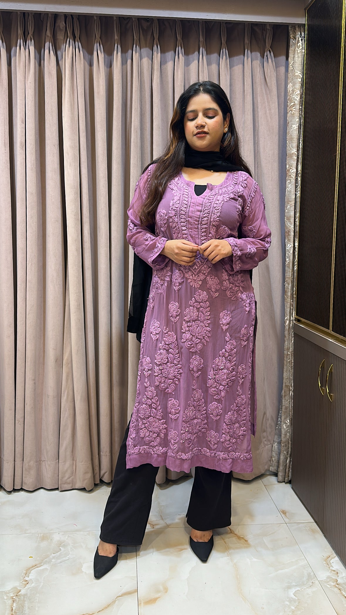 Purple Viscouse salli work kurti