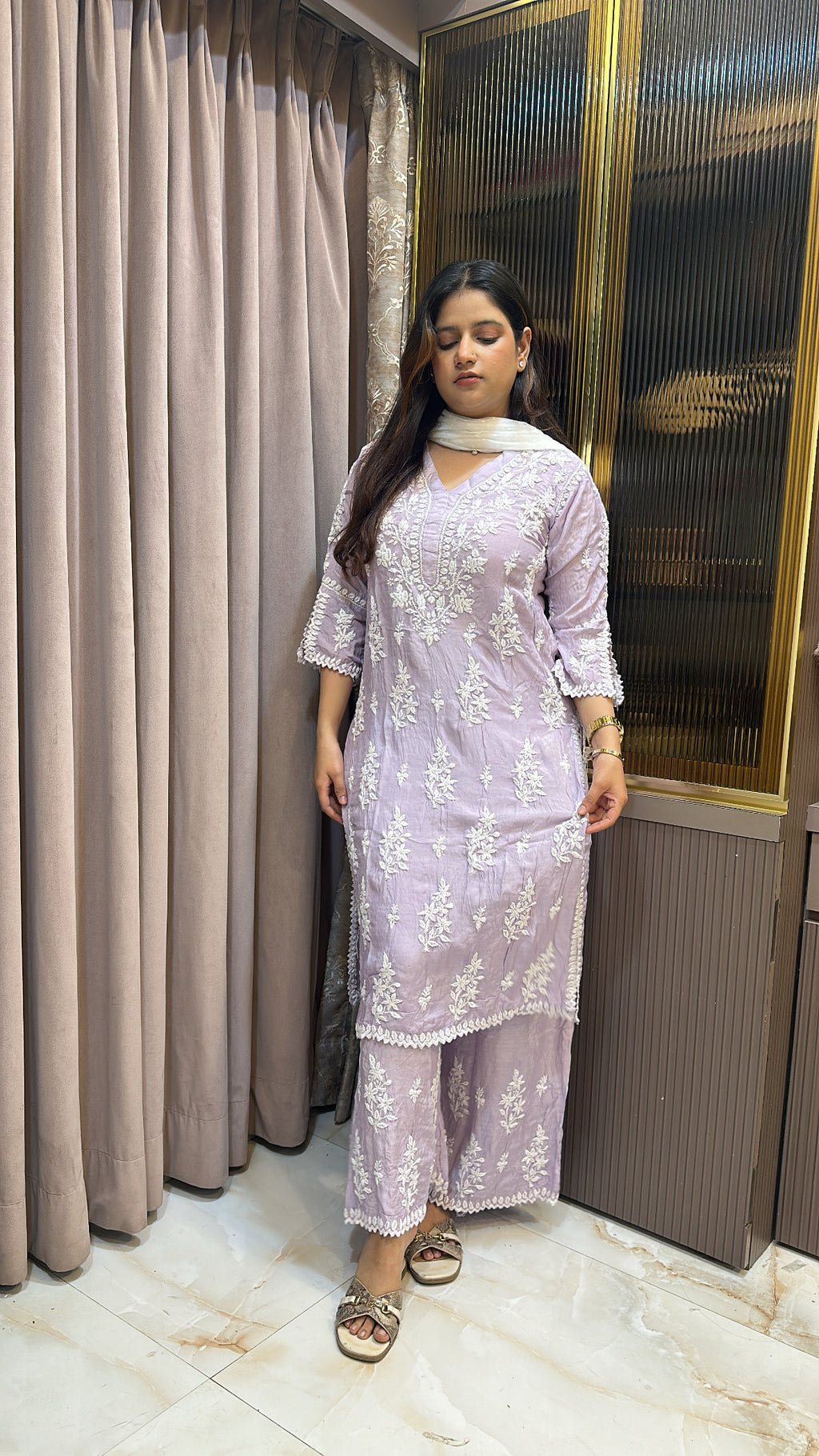 Purple Pure muslin Cutdana Cutwork set