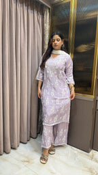 Purple Pure muslin Cutdana Cutwork set