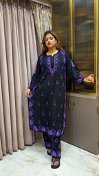 #2015 Plus Size Black & Purple Pure Rayon Lucknowi Plazo Set with Handwork