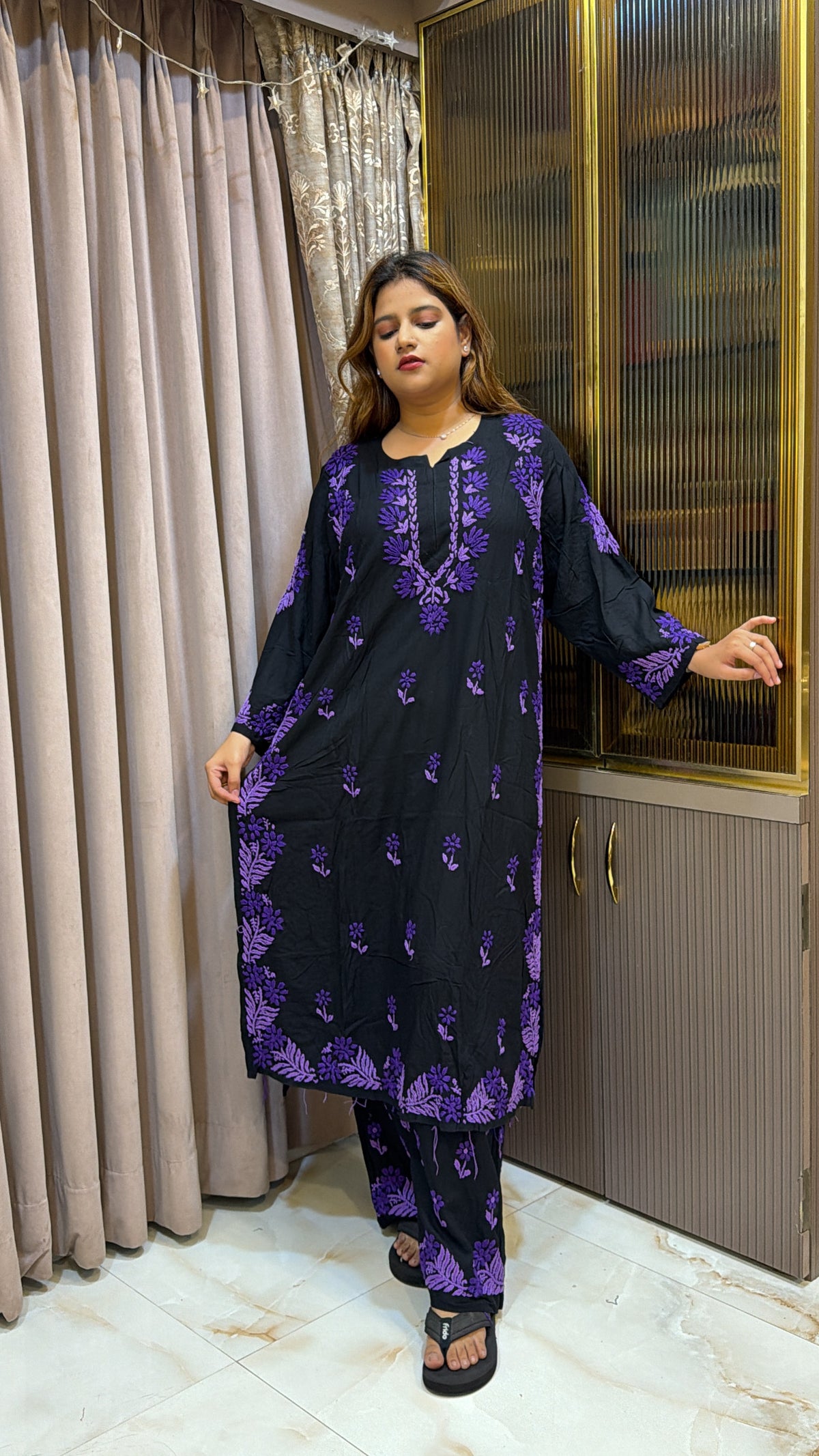 #2015 Plus Size Black & Purple Pure Rayon Lucknowi Plazo Set with Handwork