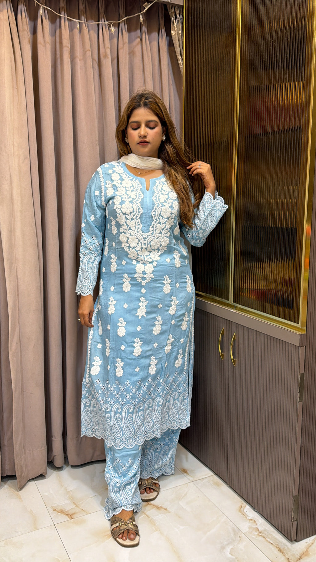 Iceblue Muslin chikan lucknowi work set