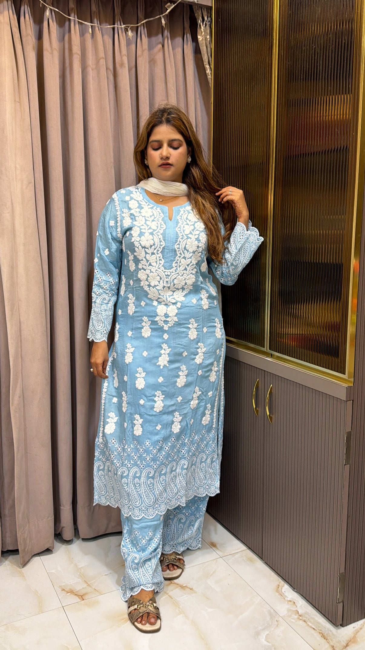 Iceblue Muslin chikan lucknowi work set
