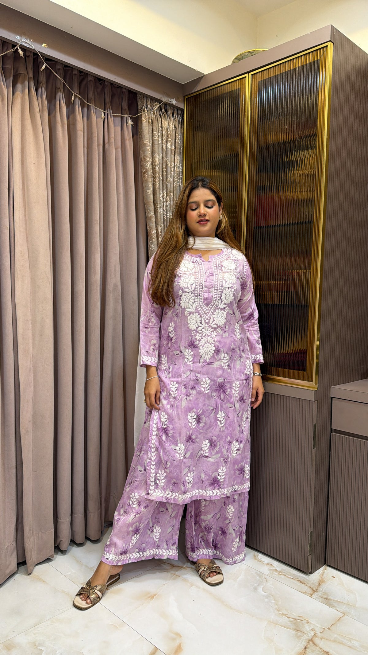 #2010 Purple Mulmul Printed Lucknowi Plazo Set | Needlecraft