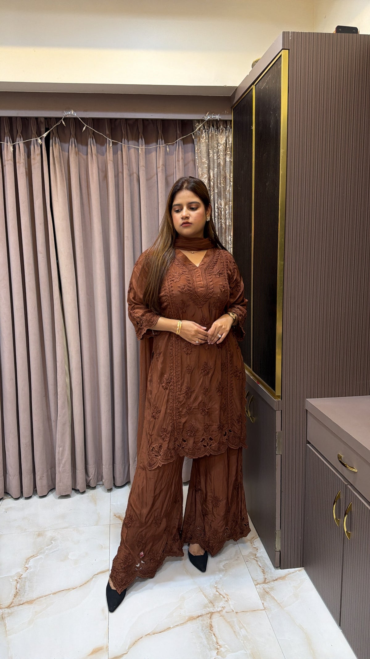 #2016 Brown Pure Crepe Cutwork Lucknowi Co Ord Plazo Set