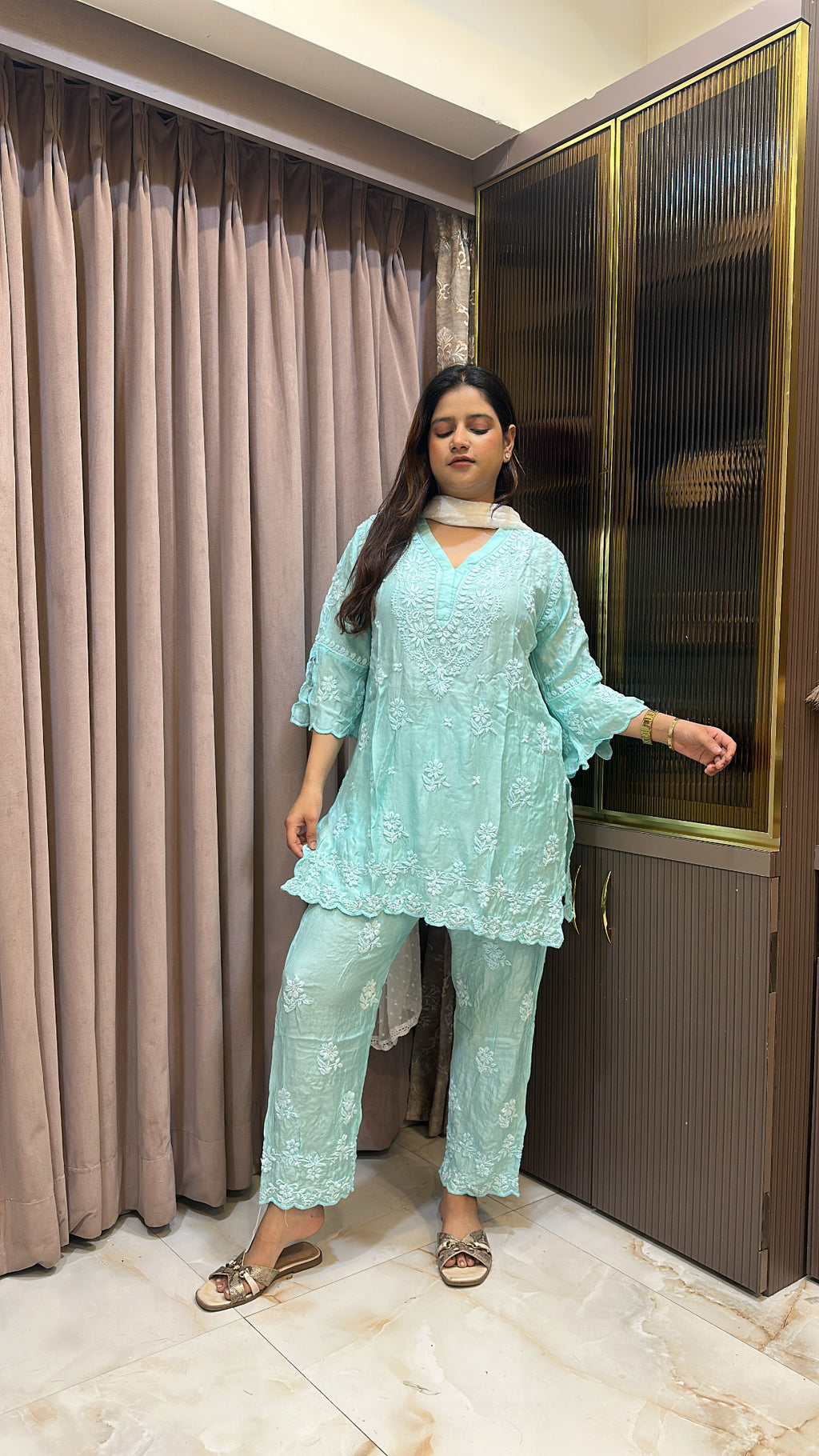 Mint green Muslin cut work co ord