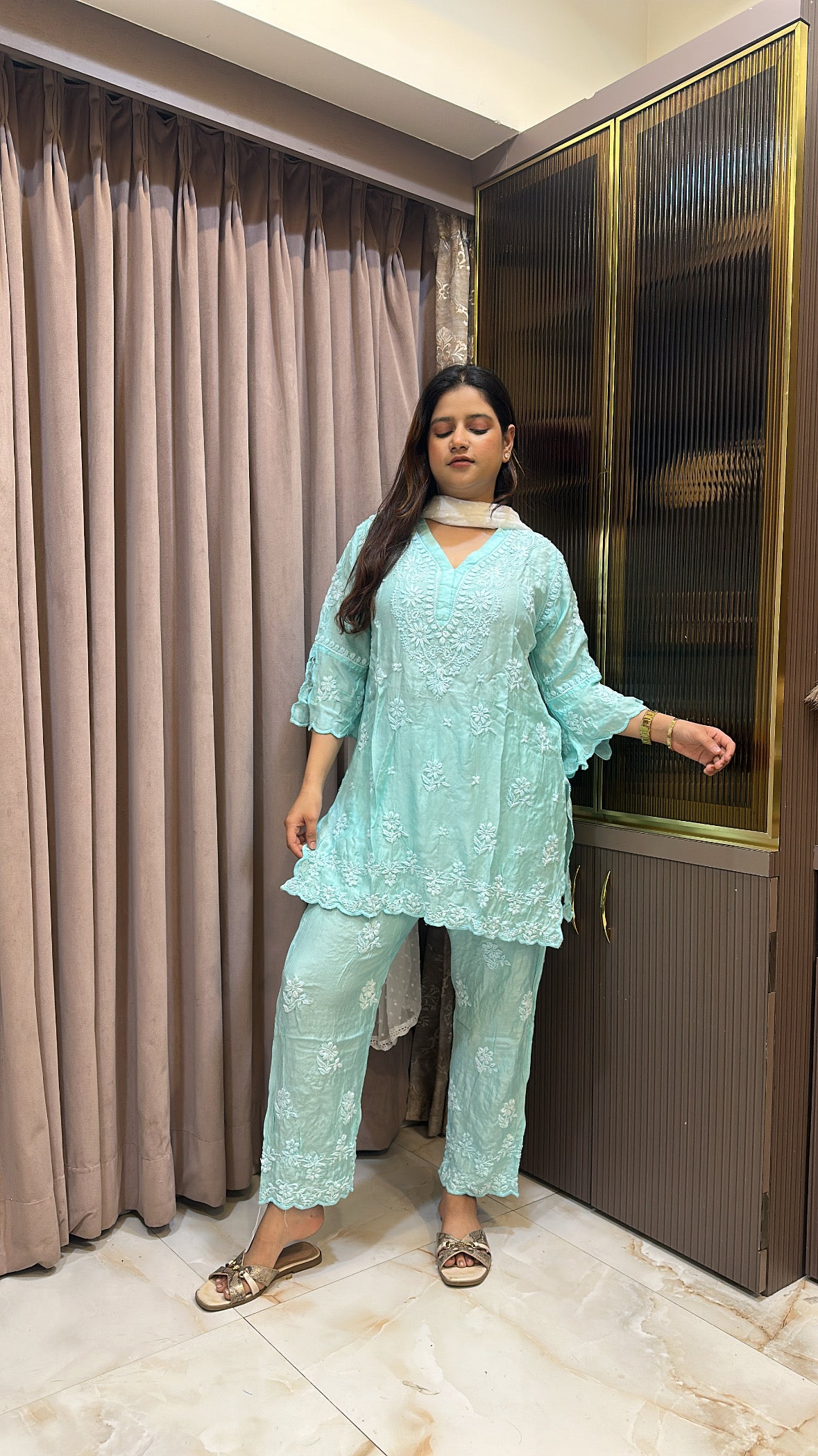 Mint green Muslin cut work co ord