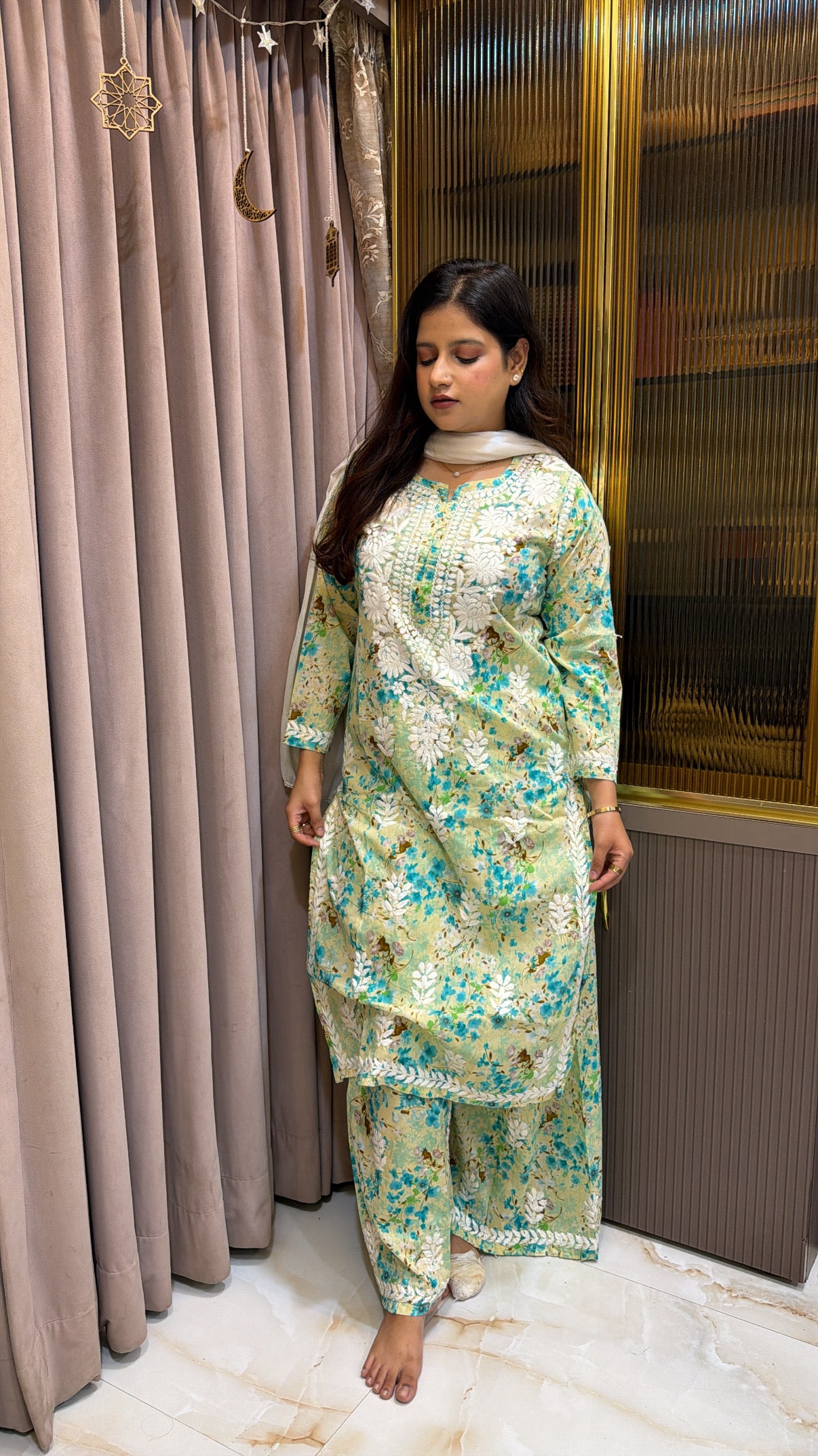 Mint Mul Printed Lucknowi Plazo Set