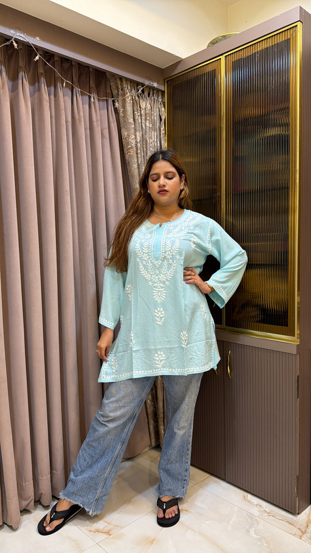 #2014 Baby Blue Pure Rayon Lucknowi Short Top